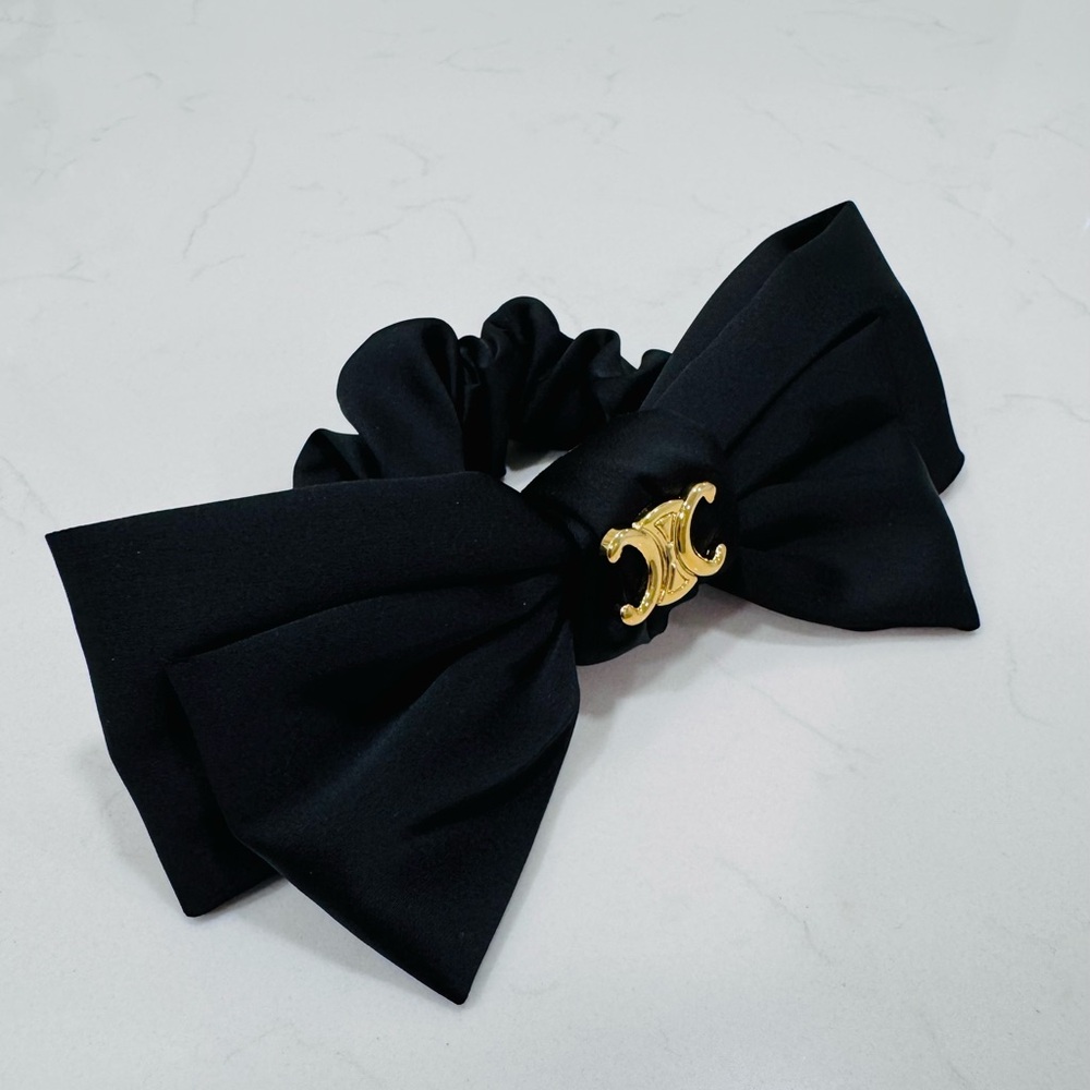 Black Bow Hair Scrunchie with Gold Accent - Picture 2 of 2